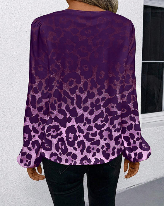 Koszula Bufiasty Rękaw Gradient Leopardzi Print