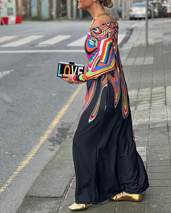 Elegancka sukienka maxi z długim rękawem i odkrytymi ramionami