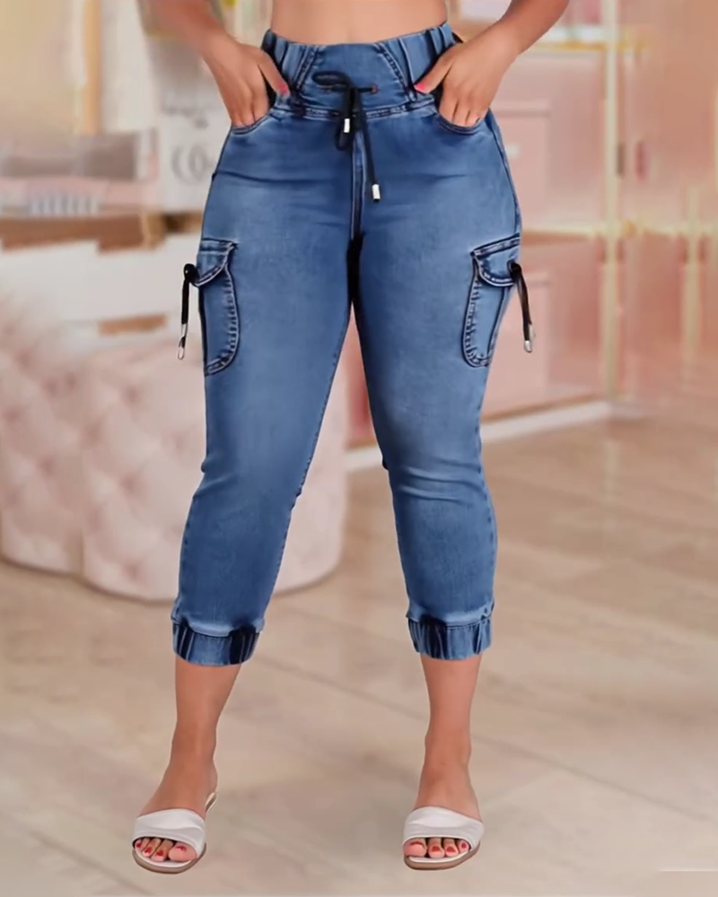 Jeans Sznurek Kieszeń Capri