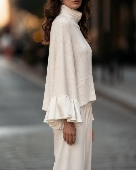 Sweter Golf Patchwork Falbana Rękaw
