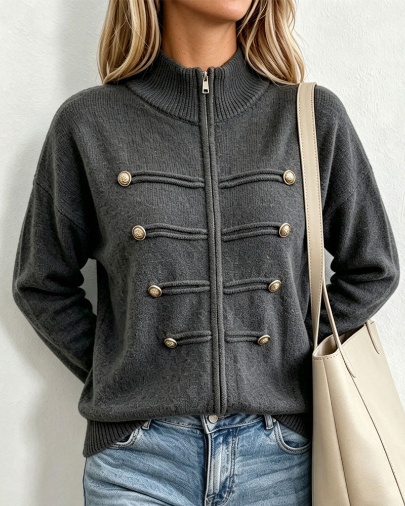 Cardigan Kołnierz Mandarynka Moda Zamek Błyskawiczny Dzianinowy