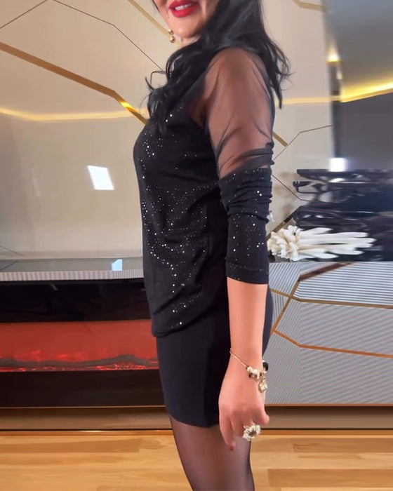 Seksowny top z siateczki z dekoltem w serek i jednolitym kolorem cekinów