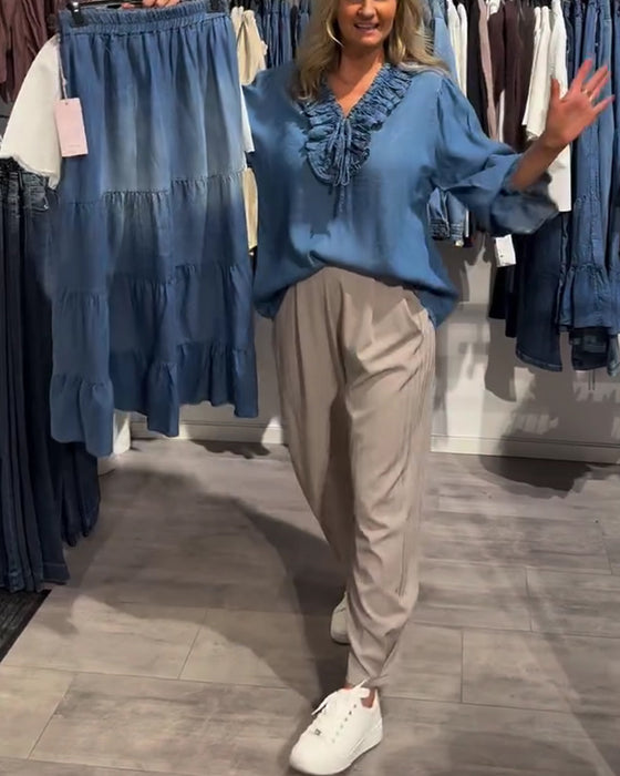 Bluza Falbanka Brzeg Wiązać Denim