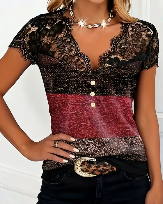 T-Shirt V-Dekolt Koronka Patchwork Kontrastowy Kolor