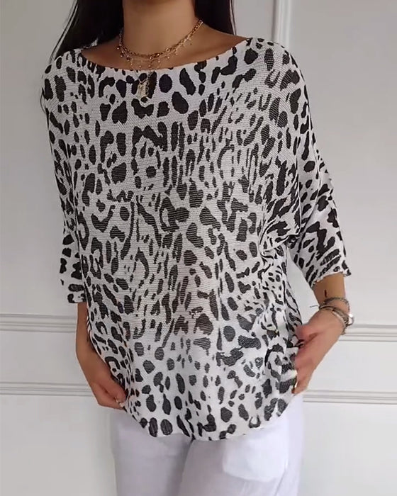 Sweter Trzy Czwarte Rękawa Leopard Luźny