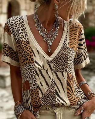 T-Shirt Wzór Zwierzęcy Patchwork Dekolt V Krótki Rękaw