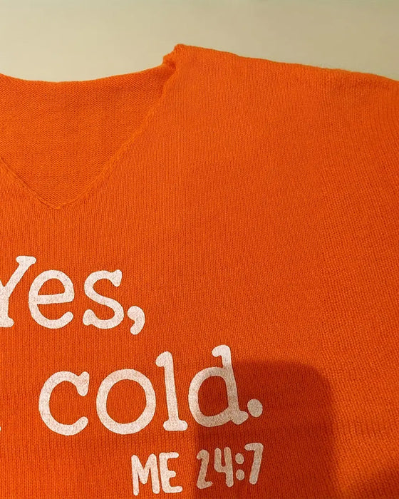 Sweter Dekolt V Nadruk Z Napisem Luźny Casual
