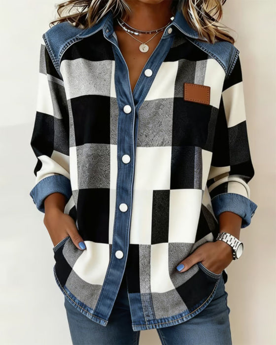 Koszula W Kratę Blok Kolorów Denim Patchwork