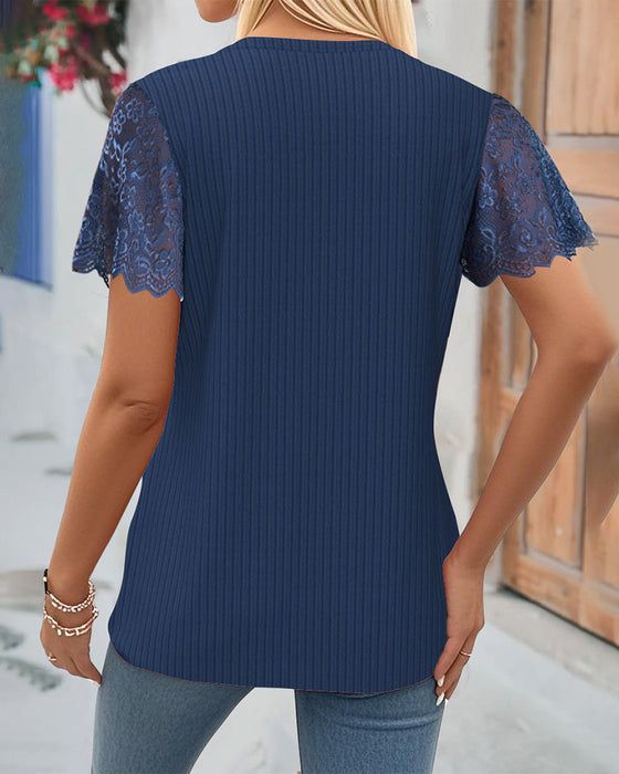 T-Shirt Koronkowane Panele Żebrowany
