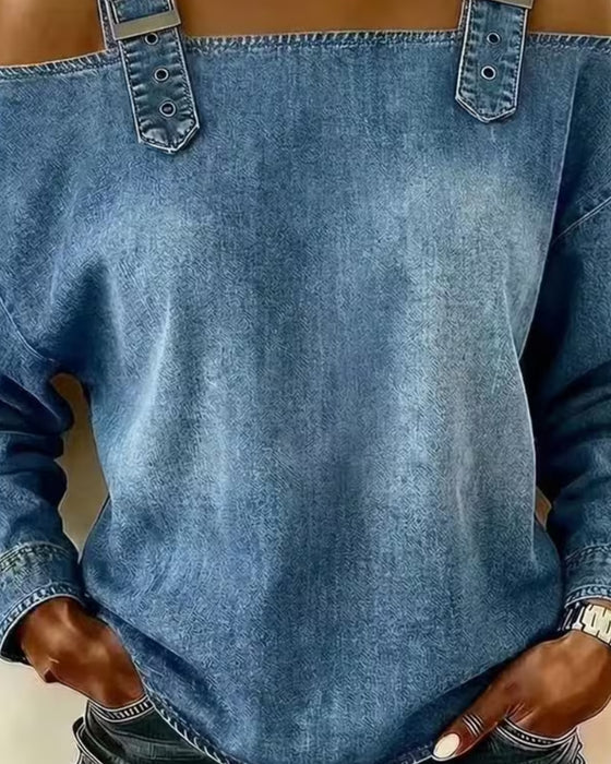 Bluzka Ramiączko Spaghetti Off-Shoulder Denim Metalowy Guzik