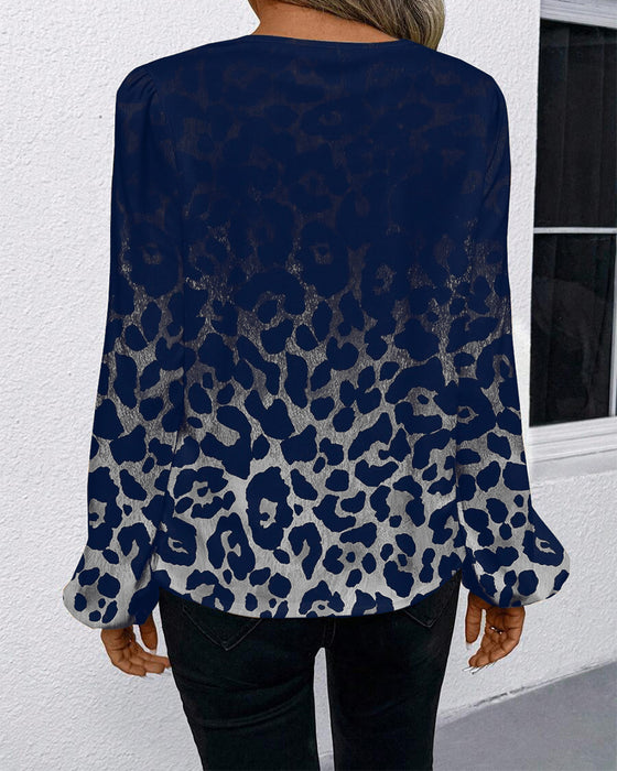 Koszula Bufiasty Rękaw Gradient Leopardzi Print