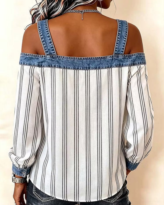 Bluzka Denim Odkryte Ramiona Pasek Panel