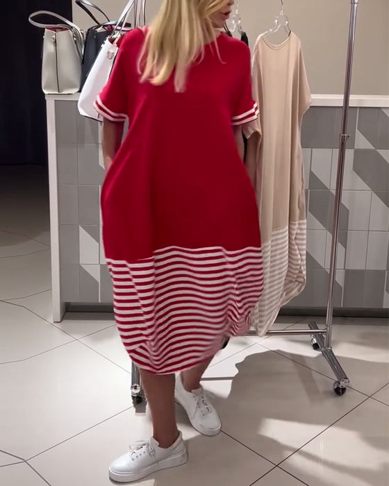 Sukienka Kontrastowe Paski Krótki Rękaw Casual