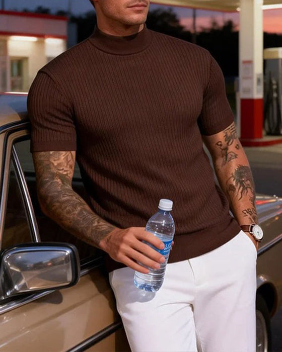 T-Shirt Mock Neck Męski Krótki Rękaw