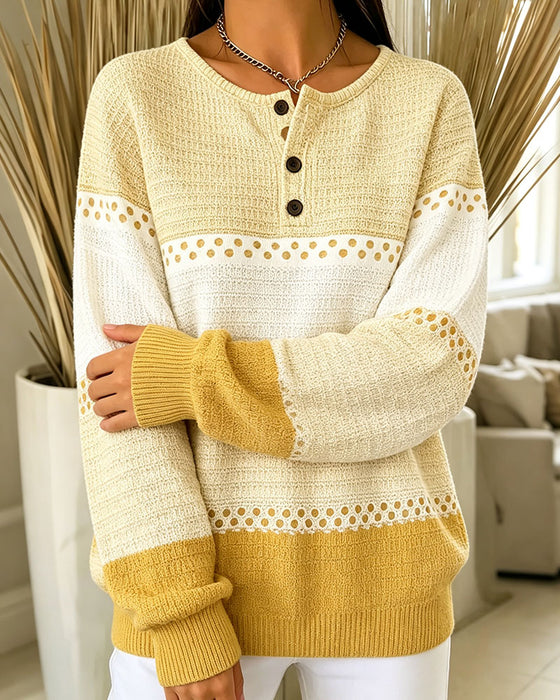 Bluza Blok Kolorów Dzianina Waflowa Henley Sweter
