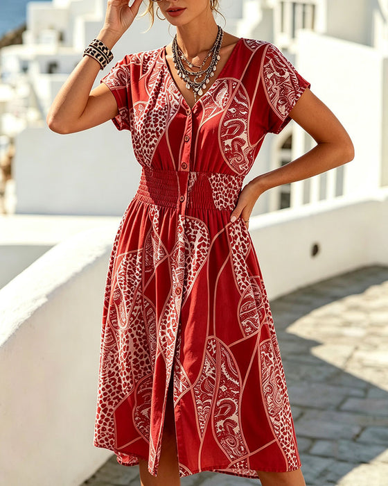 Sukienka Lampart Wzór V-Neck Guzik Talia