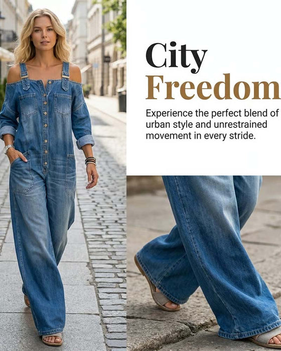 Jumpsuit Ramiączko Spaghetti Odkryte Ramię Szeroka Noga Denim