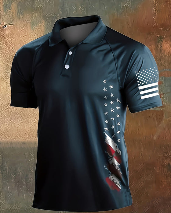 T-Shirt Kołnierzyk Gwiazdy I Paski Krótki Rękaw