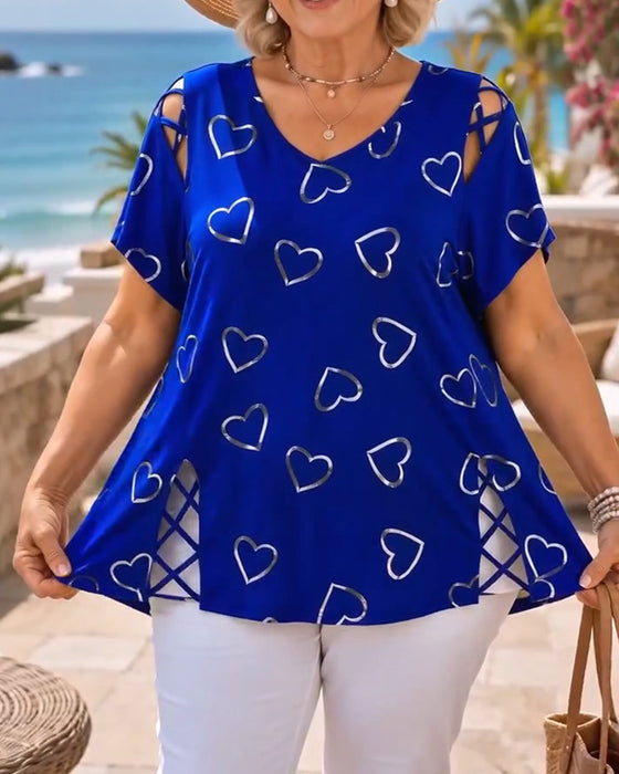 T-Shirt Wzór Serce Ażurowy Krótki Rękaw