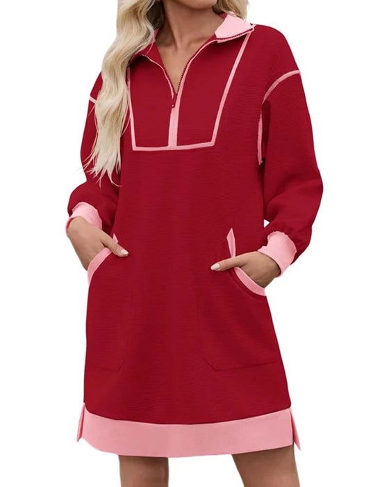 Sukienka Half Zip Długi Rękaw Kolorowe Bloki Krótka