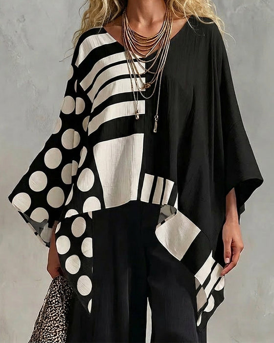 Bluzka Polka Dot Pasek Patchwork V Szyja