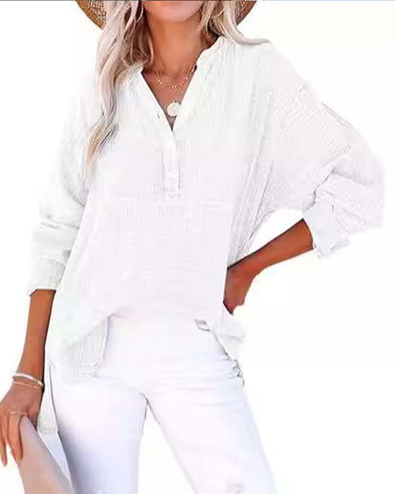 Bluzka Plisowana Guzik Długi Rękaw