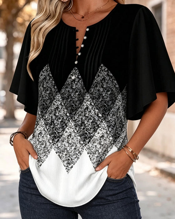 T-Shirt Diamentowa Krata Gradientowy Nadruk Dekolt W Serek