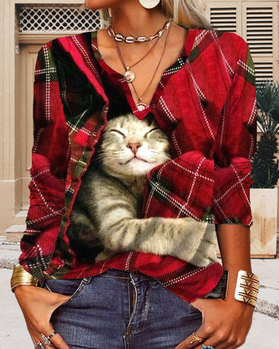Bluzka z nadrukiem kota i długim rękawem