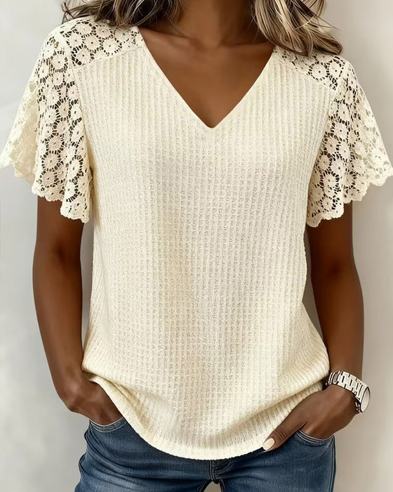 T-Shirt Dekolt W Wafel Koronka Patchwork Jednolity