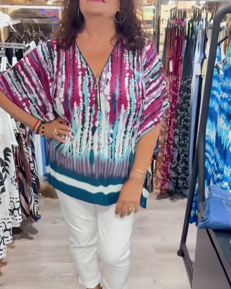 Top Tie-Dye Dekolt W Serek Zamek Z Przodu Nietoperzowy Rękaw