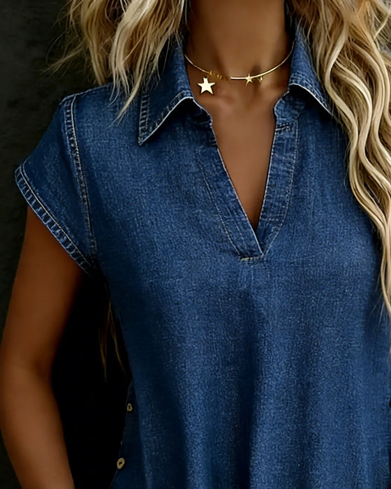 Bluzy V-Szyja Krótki Rękaw Denim Guzik
