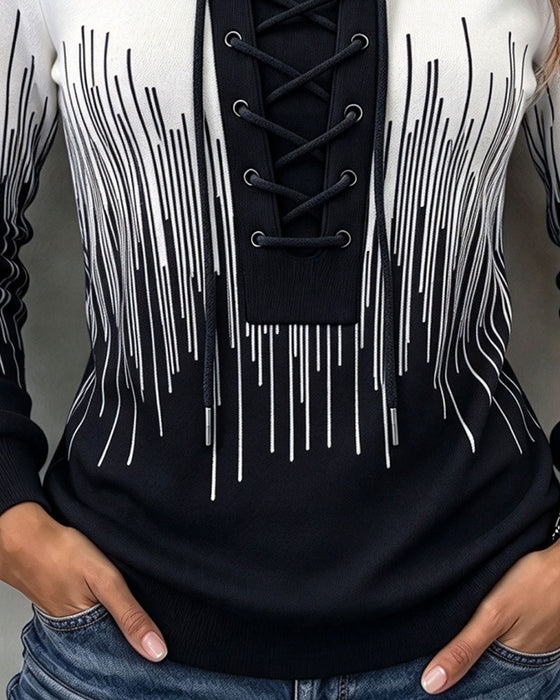 Sweatshirt Wiązany Linia Blok Kolorów Dopasowany