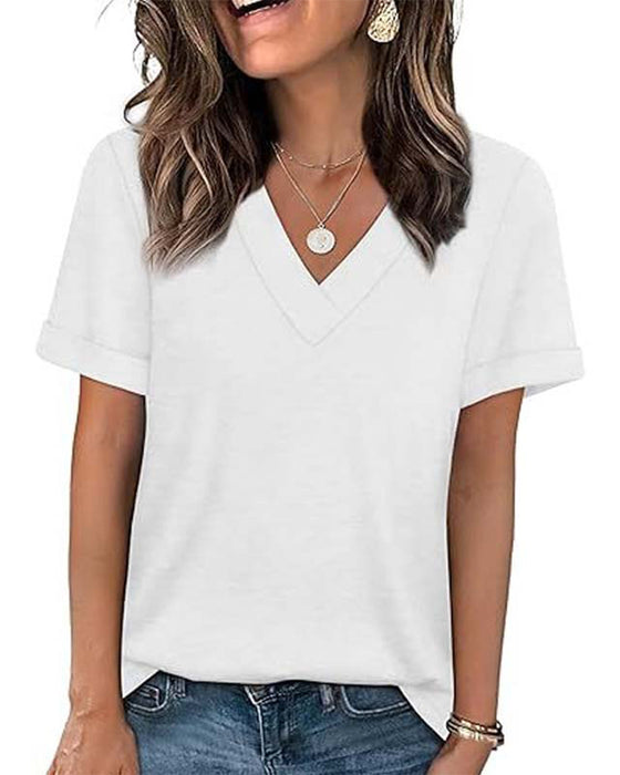 T-Shirt Jednokolorowy Dekolt W Kształcie Litery V Casual Krótki Rękaw