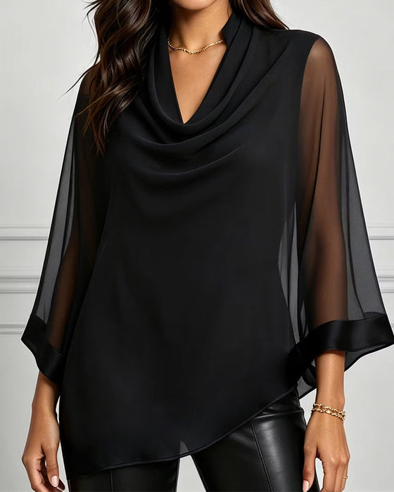 Bluzka Cowl Neck Nieregularny Gładki Sheer