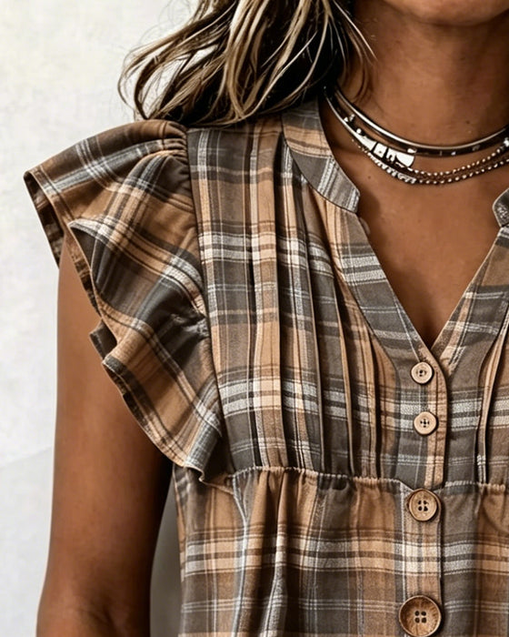 Bluzka Brązowa Gingham Trzepot Rękaw
