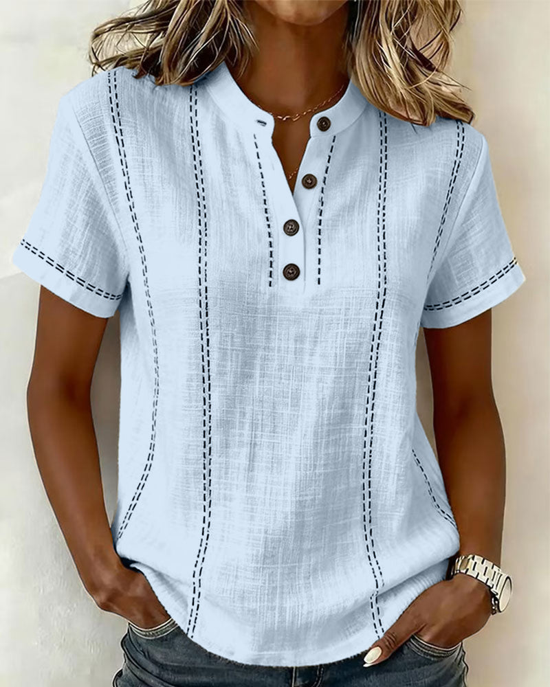 T-Shirt Moda Swobodny Guzik V-Dekolt