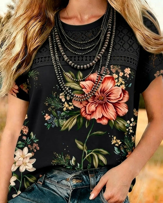 T-Shirt Z Wycięciem Patchwork Krótki Rękaw