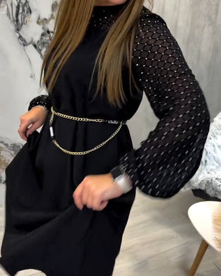 Sukienka Błyszczący Patchwork Okrągły Dekolt