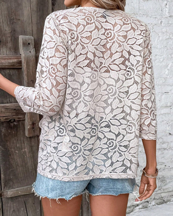 Koronkowy sweterek w jednolitym kolorze z rękawami 3/4