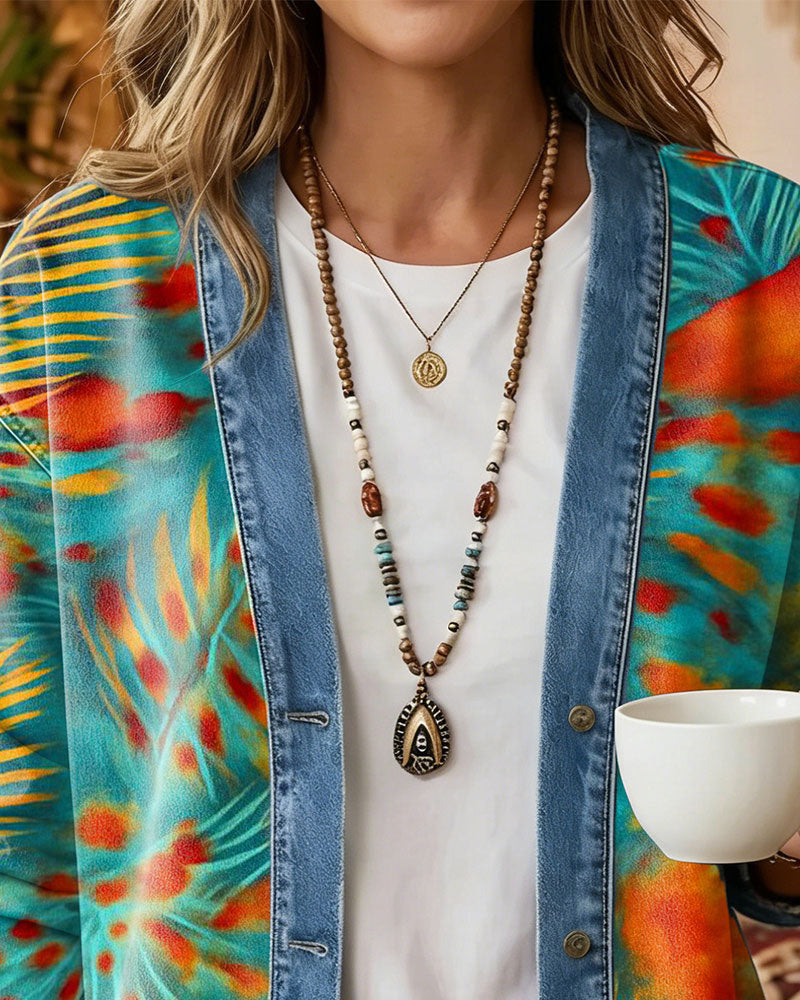 Płaszcz Bohemian Denim Patchwork Kwiatowy