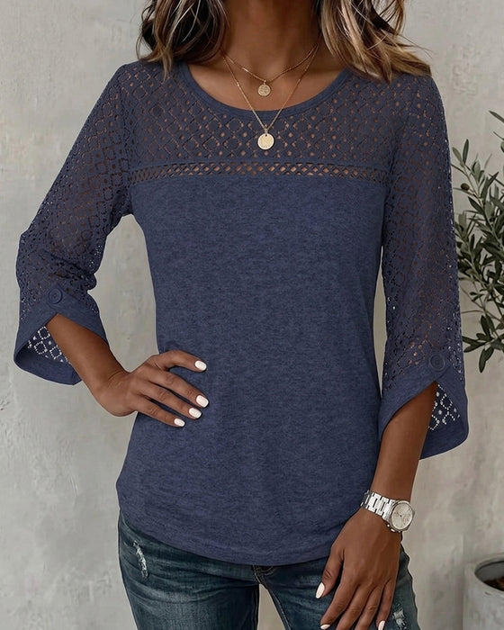 T-Shirt Hollow Out Długi Rękaw Patchwork