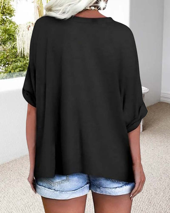 T-Shirt V Dekolt Rolkowany Brzeg Krótki Rękaw Luźny