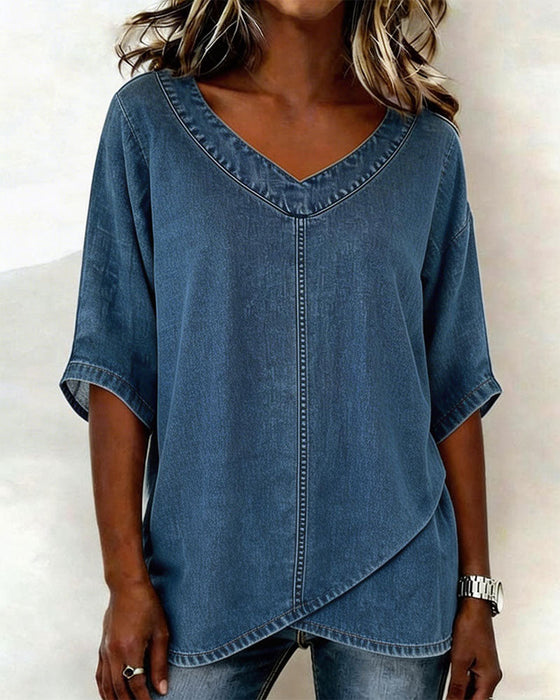 Top V-Dekolt Swobodny Denim