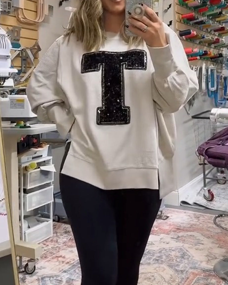 Sweatshirt T-Design Cekiny Haftowany Okrągły Dekolt