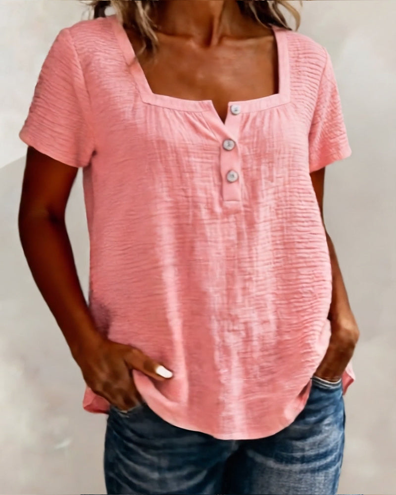 T-Shirt Teksturowany Kwadratowy Dekolt Krótki Rękaw