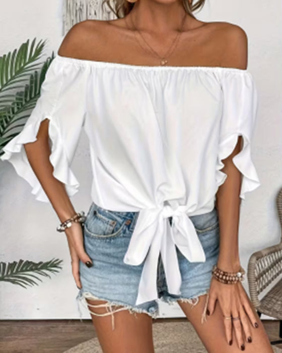 Bluzka Off-Shoulder Kokardka Rozkloszowany Rękaw