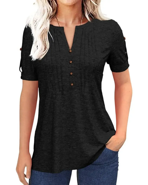 T-Shirt Plisowany Henley Krótki Rękaw