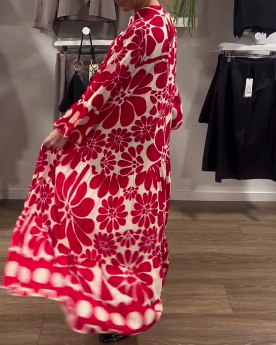 Sukienka V-Neck Luźny Plus Size Kwiatowy Nadruk