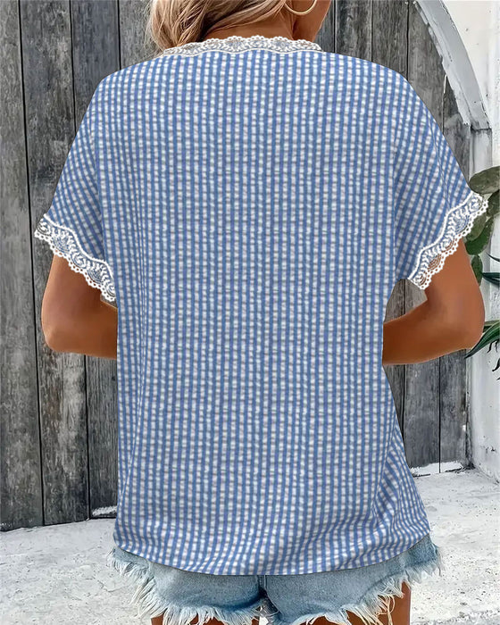 Bluzka Okrągły Dekolt Koronka Patchwork Paski