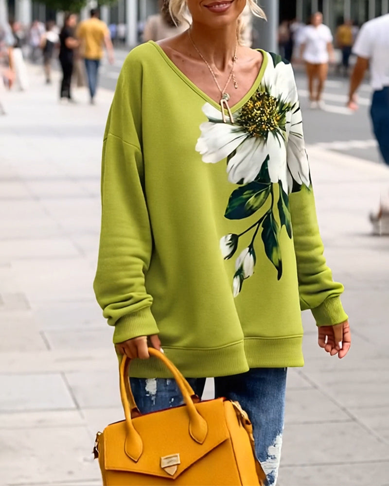 Bluza Dekolt V Luźny Krój Drukowany